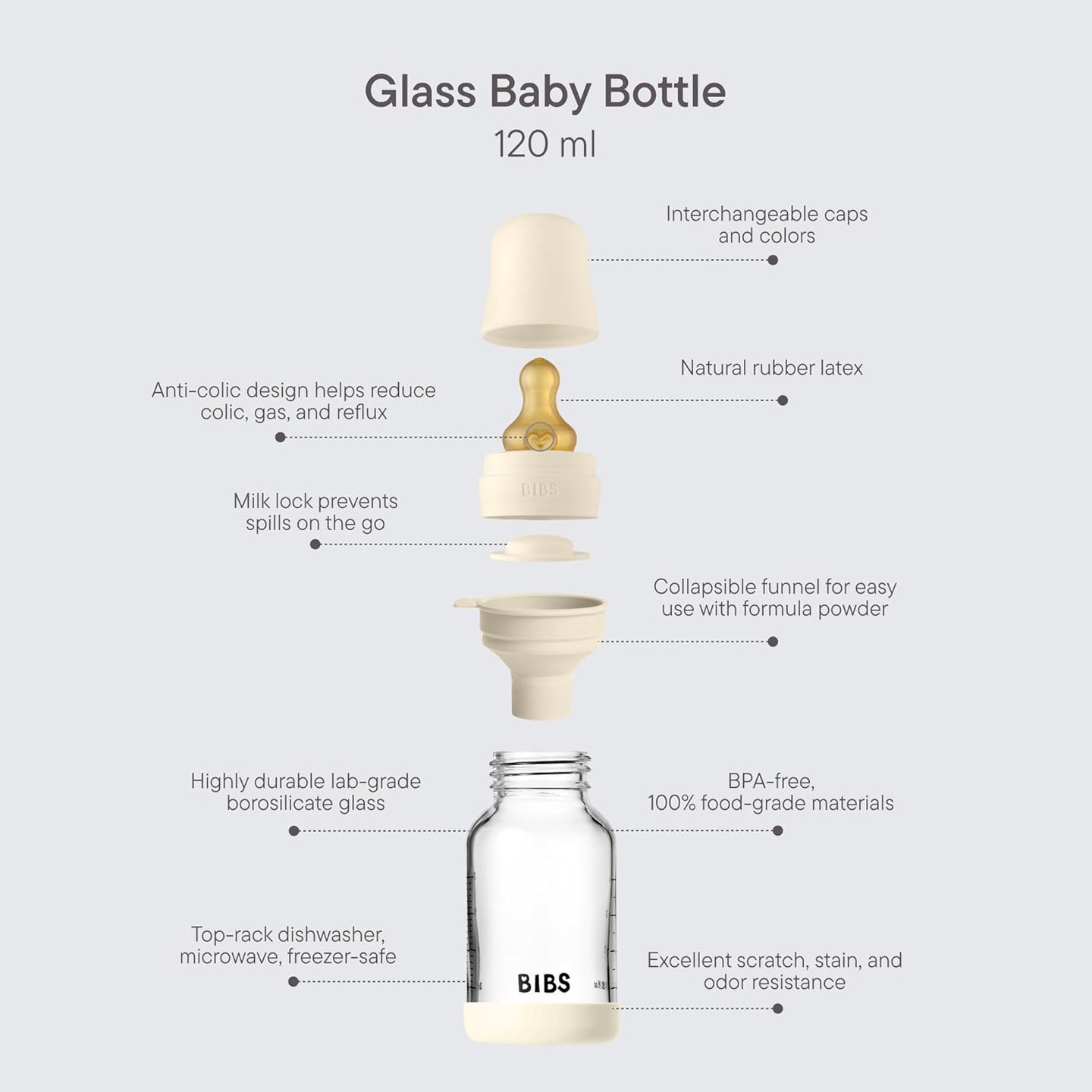 BIBS - Glass Baby Bottle Round Latex 1 pack 120 ml Slow Flow Blush